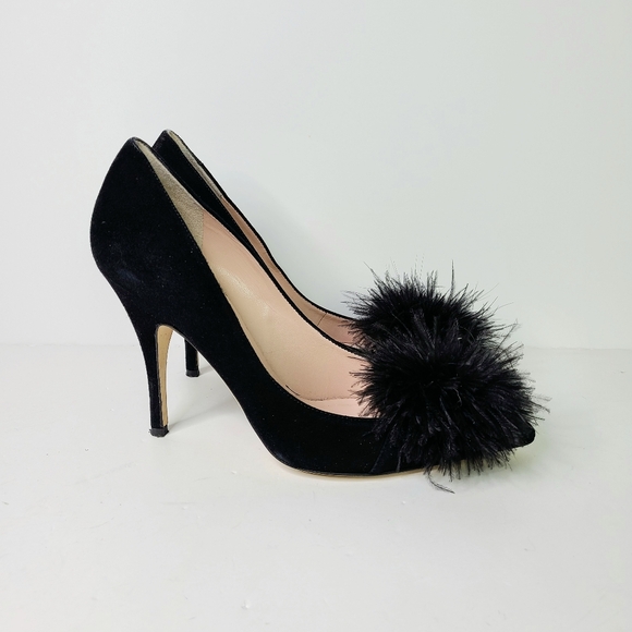 Kate Spade New York Black Marabou Suede Feather Pom Pumps - Picture 2 of 11